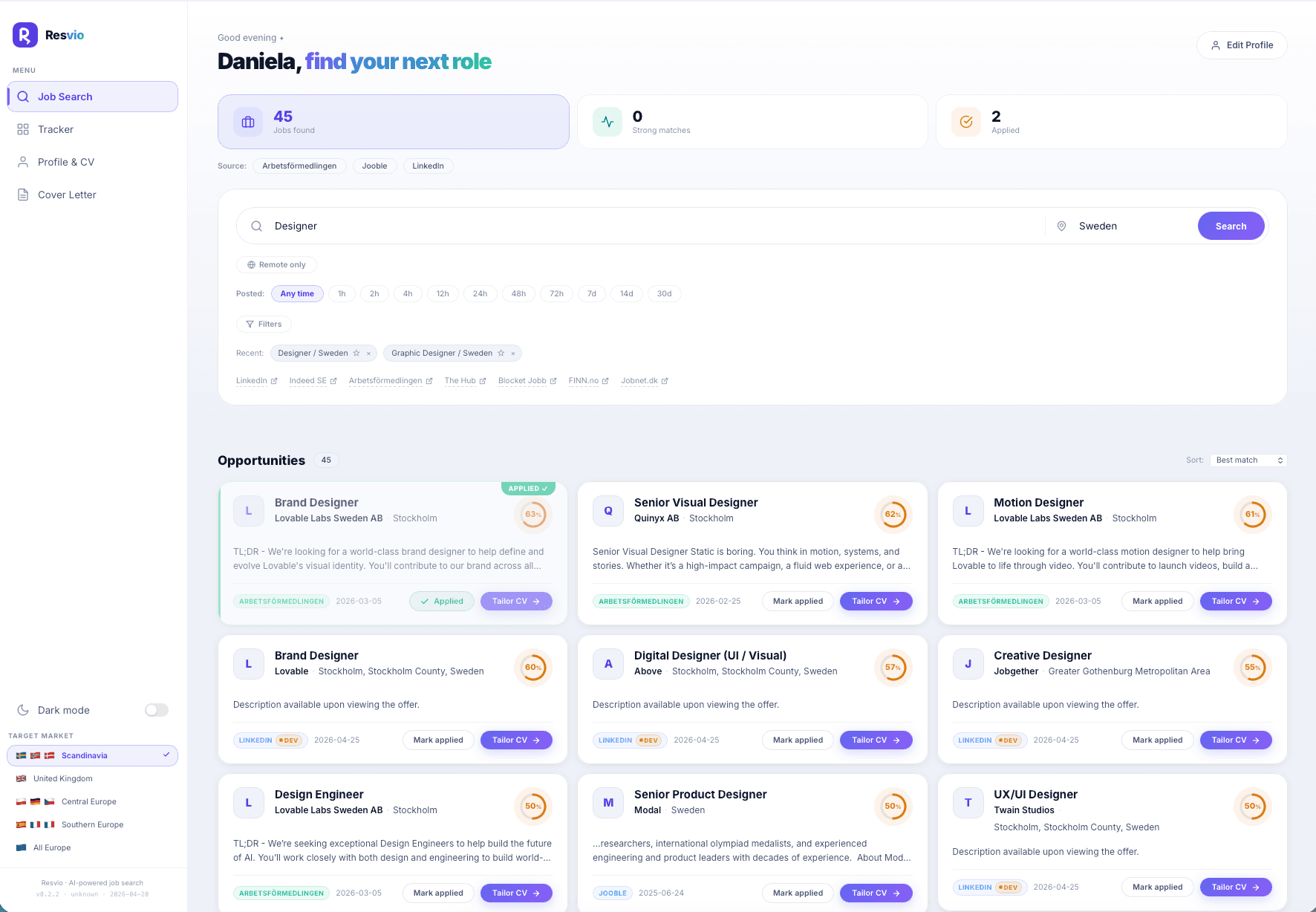 Resvio — Job Search Dashboard with AI matching
